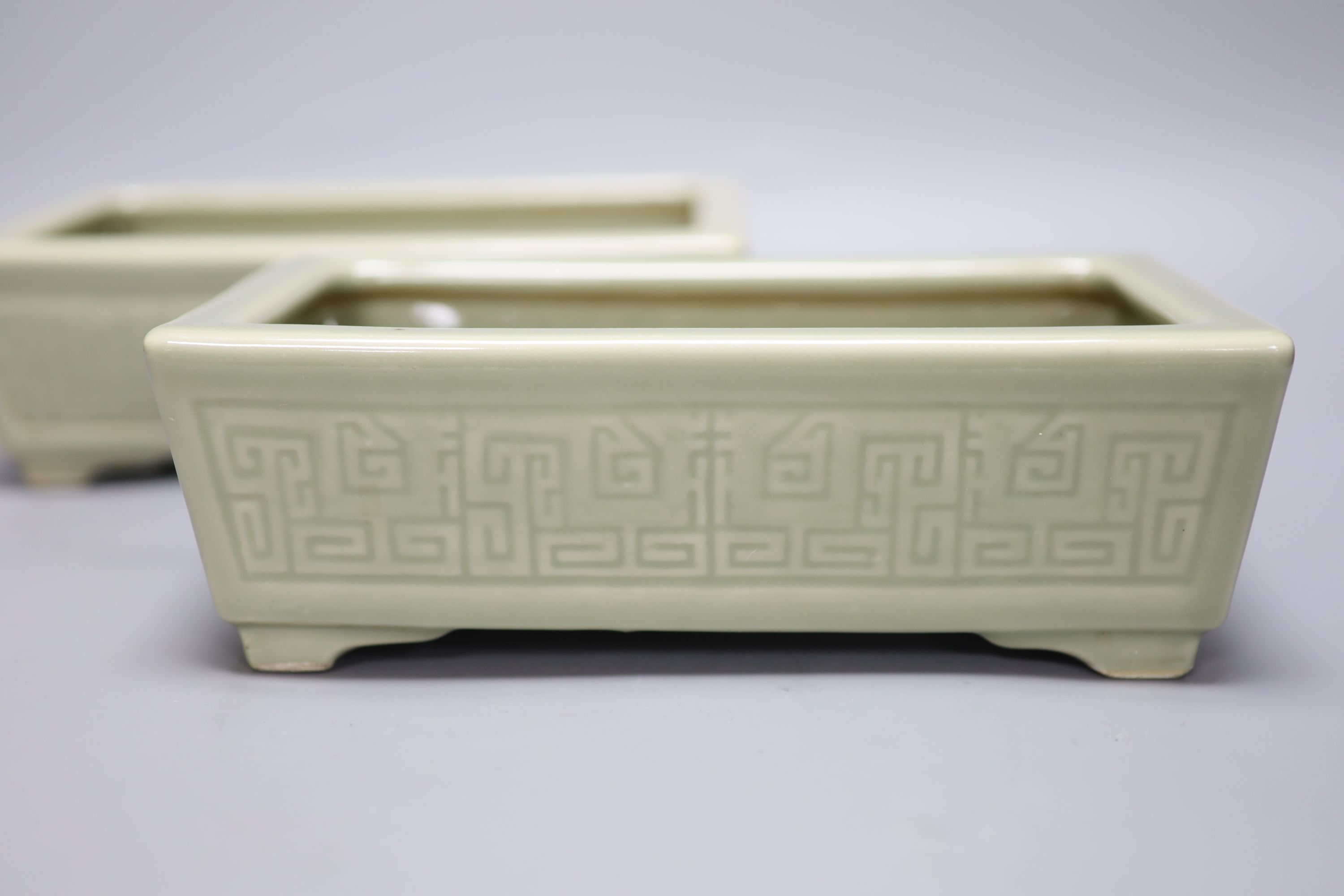 A pair of Chinese celadon glazed rectangular planters, late 19th to 20th century, length 24cm